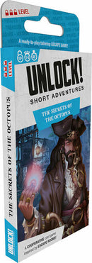 Packaging of the game "UNLOCK! THE SECRETS OF THE OCT," featuring a pirate holding a glowing orb on the front. The packaging indicates that it is a cooperative tabletop escape game inspired by escape rooms. The design includes illustrations of a pirate ship and various mysterious symbols, with text highlighting it as a short adventure level game.