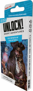 A side view of the game 'UNLOCK! THE SECRETS OF THE OCT.' featuring a pirate with a mechanical octopus and an eerie background. The packaging displays a colorful design and highlights its cooperative gameplay, suitable for escape room enthusiasts.