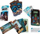 A colorful card game set titled 'UNLOCK! THE SECRETS OF THE OCT' created by Space Cowboys. The image features various game cards showcasing vibrant illustrations, including characters and scenes related to the game. Included is a timer device displaying '09:50', a set of instructions, and the packaging showcasing a pirate-themed design. The game promotes cooperation among players to solve puzzles through the use of a companion app.