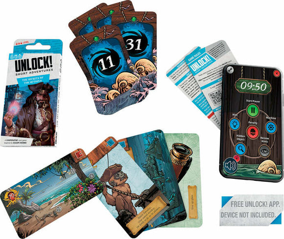 A colorful card game set titled 'UNLOCK! THE SECRETS OF THE OCT' created by Space Cowboys. The image features various game cards showcasing vibrant illustrations, including characters and scenes related to the game. Included is a timer device displaying '09:50', a set of instructions, and the packaging showcasing a pirate-themed design. The game promotes cooperation among players to solve puzzles through the use of a companion app.