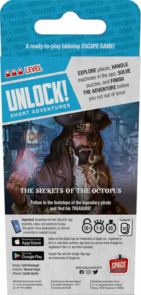 Unlock! The Secrets of the Oct is a thrilling tabletop escape game designed for ages 10 and up. Players embark on an adventure following a legendary pirate's footsteps to discover hidden treasures. The game encourages exploration, puzzle-solving, and teamwork as players race against time to finish the adventure. Suitable for 1-6 players, it promises an engaging and immersive experience with an innovative app integration.