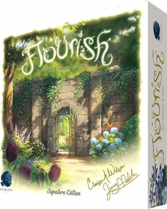 Flourish - Signature Edition game by Tabletop Tycoon. The vibrant box features an enchanting garden scene with gates and blooming flowers, with the names James and Clarissa A. Wilson elegantly signed at the bottom.