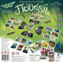 Flourish - Signature Edition game by Tabletop Tycoon, featuring beautiful illustrated cards and components for garden-themed gameplay. Ideal for 1-7 players aged 8 and up, it offers competitive and cooperative play options, lasting approximately 20 minutes. The package includes 98 illustrated cards, 3D scoreboards, metal tokens, and English and German rulebooks, showcasing whimsical art and engaging gameplay mechanics.