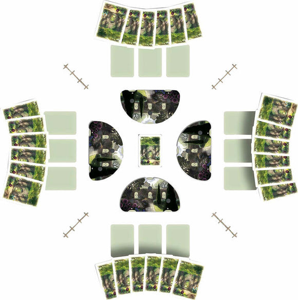 A vibrant tabletop design featuring the game 'Flourish - Signature Edition' by Tabletop Tycoon. The setup includes various cards and unique game pieces arranged in a circular layout, enhancing the interactive gaming experience. The artwork showcases lush greenery and enchanting elements, inviting players into a whimsical adventure.