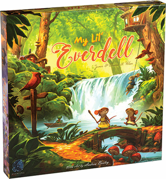 The colorful game box of 'My Lil' Everdell' by Starling Games features an enchanting forest scene with a waterfall, vibrant greenery, and charming animal characters engaged in various activities. The title is prominently displayed in whimsical lettering above two playful mice with a fishing rod and a rowboat.