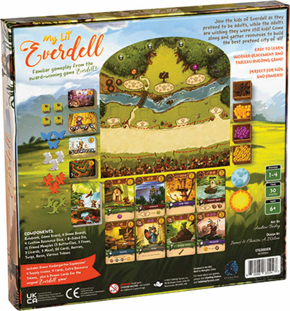 The back of the My Lil' Everdell game box by Starling Games. The vibrant design features key components like the game board with illustrated paths, colorful tokens, and cards representing various characters. It highlights gameplay aspects, emphasizing its family-friendly approach and suitability for 1-4 players. The box includes details about game components and age recommendations.