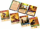An assortment of colorful game cards from 'My Lil' Everdell' by Starling Games, featuring characters and gameplay mechanics. The cards include 'Coach', 'Kindergarten', 'Playground', and 'Teacher', along with a rules card that introduces the game. Each card has vibrant illustrations and features distinct icons and numbers indicating actions and scoring.