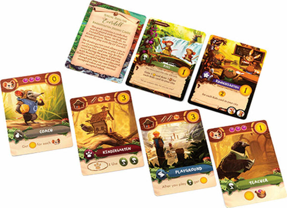 An assortment of colorful game cards from 'My Lil' Everdell' by Starling Games, featuring characters and gameplay mechanics. The cards include 'Coach', 'Kindergarten', 'Playground', and 'Teacher', along with a rules card that introduces the game. Each card has vibrant illustrations and features distinct icons and numbers indicating actions and scoring.
