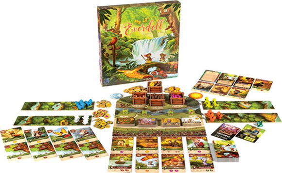 My Lil' Everdell board game by Starling Games displayed with its vibrant box cover featuring whimsical artwork of forest creatures and a waterfall. The board is laid out with colorful components including game cards, tokens representing resources, and character figures, all set against a lush forest backdrop.
