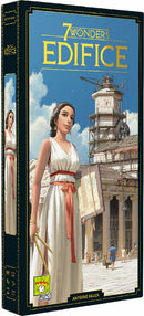 The game '7 Wonders: Edifice' by Asmodee features a detailed box art showing a woman in a flowing white dress holding an open book. She stands in front of a majestic ancient building under construction, with scaffolding and workers in the background, evoking a historical theme of architecture and civilization.