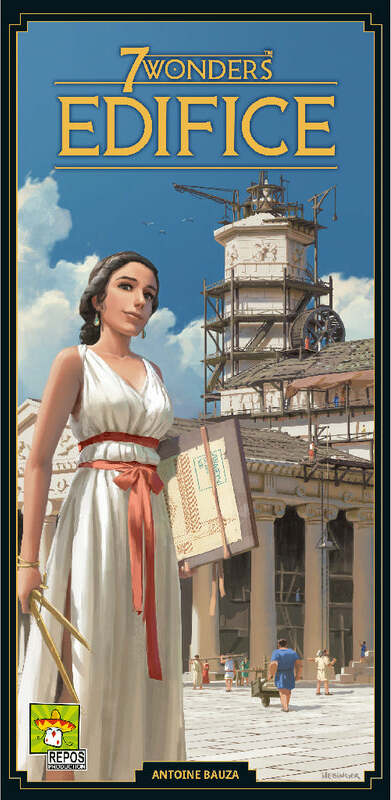 The cover art of the board game '7 Wonders: Edifice', featuring a woman in a white dress with a red belt, holding tools and a blueprint, standing in front of an ancient structure under construction. The background shows workers and scaffolding, highlighting the theme of architectural development.