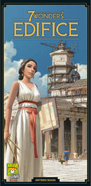 The cover art of the board game '7 Wonders: Edifice', featuring a woman in a white dress with a red belt, holding tools and a blueprint, standing in front of an ancient structure under construction. The background shows workers and scaffolding, highlighting the theme of architectural development.
