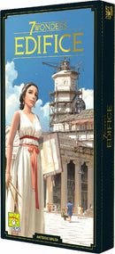 The box cover of the board game '7 Wonders: Edifice' by Asmodee displays a woman in a flowing white dress holding architectural plans and tools, standing in front of a grand ancient building under construction, with scaffolding and workers visible. The bright, vibrant artwork highlights the game's theme of civilization development and strategy.