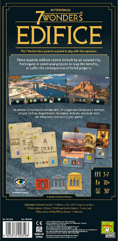 The back cover of the 7 Wonders: Edifice board game by Asmodee, featuring rich illustrations of majestic edifices, expansion card types, and gameplay details. It highlights player count, age recommendations, and duration, with information about new Wonders and project challenges.