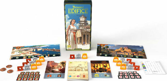 7 Wonders: Edifice board game by Asmodee featuring a beautifully designed box with an image of a woman in a historical outfit. The game includes various components such as playing cards, tokens, and game boards laid out on a white background, showcasing an engaging strategy-based gameplay.