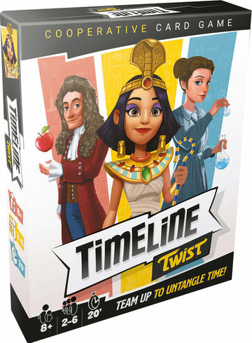 The game 'Timeline Twist' by Zygomatic features a colorful box art depicting historical figures, including an ancient Egyptian queen, a scientist, and a woman in period costume. The title is prominently displayed, along with key details indicating it is a cooperative card game for ages 8+, suitable for 2-6 players, and lasts about 20 minutes.