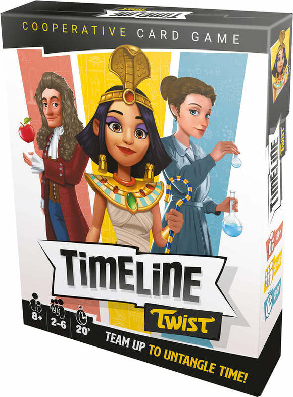 The Timeline Twist board game by Zygomatic features colorful artwork on its box, showing three characters: a historical figure holding an apple, an ancient Egyptian queen, and a woman in a scientific setting holding a flask. The game promotes cooperative play for 2 to 6 players and has a suggested age of 8 and up, with an estimated playtime of 20 minutes. The tagline encourages players to team up to 'untangle time!'