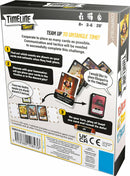 The back of the Timeline Twist game box by Zygomatic, showcasing instructions and gameplay elements. It features cards illustrating various historical events, along with prompts to engage players in teamwork and strategy. The box highlights a cooperative game style and includes essential details such as age recommendation (8+), player count (2-6), and game duration (20 minutes).
