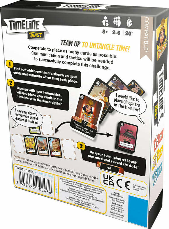 The back of the Timeline Twist game box by Zygomatic, showcasing instructions and gameplay elements. It features cards illustrating various historical events, along with prompts to engage players in teamwork and strategy. The box highlights a cooperative game style and includes essential details such as age recommendation (8+), player count (2-6), and game duration (20 minutes).