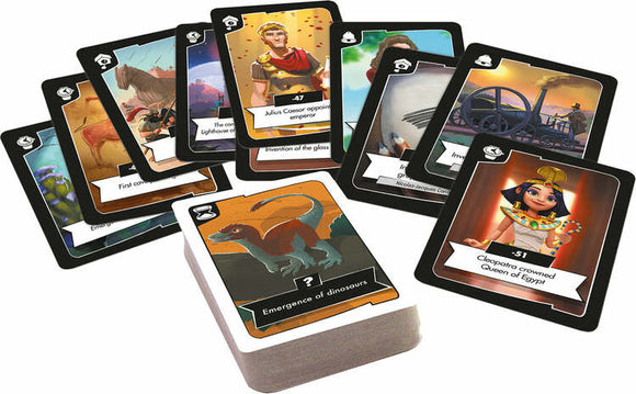 A collection of colorful history-themed cards from the game 'Timeline Twist' by Zygomatic. The cards feature notable historical events, figures, and inventions showcasing eras like Ancient Egypt and prehistory, with illustrations and brief descriptions on each card. The game aims to challenge players' knowledge of chronological events in an engaging way.