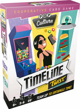 The boxed game 'Timeline Twist Pop Culture' by Zygomatic features a vibrant design with iconic elements of pop culture including an arcade machine, food items, and a character holding a smartphone. The box states it is a cooperative card game for 2-6 players, suitable for ages 8 and above, taking approximately 20 minutes to play.