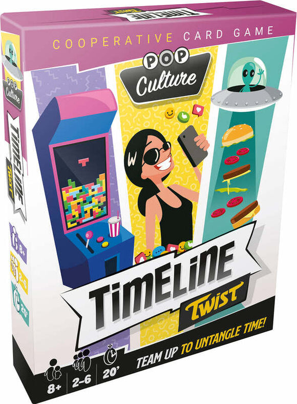 The boxed game 'Timeline Twist Pop Culture' by Zygomatic features a vibrant design with iconic elements of pop culture including an arcade machine, food items, and a character holding a smartphone. The box states it is a cooperative card game for 2-6 players, suitable for ages 8 and above, taking approximately 20 minutes to play.