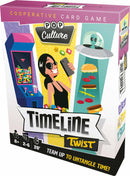 The Timeline Twist Pop Culture game box features vibrant illustrations, showcasing a cooperative card game. The design includes a character wearing sunglasses and holding a phone, alongside iconic pop culture imagery like a vintage arcade machine and various foods. The packaging highlights the game's name in large, bold letters, emphasizing teamwork to navigate timelines.