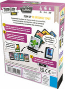 Timeline Twist Pop Culture game by Zygomatic. The back of the box displays gameplay instructions and examples of cards featuring cultural icons. The game is designed for 2-6 players, ages 8 and up, with an estimated playtime of 20 minutes. It emphasizes teamwork and strategic discussion to place cards correctly in a timeline.