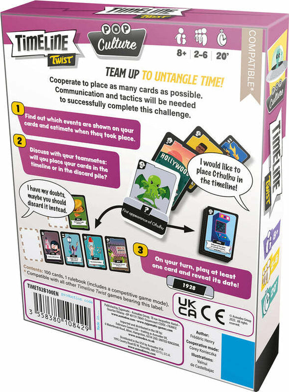 Timeline Twist Pop Culture game by Zygomatic. The back of the box displays gameplay instructions and examples of cards featuring cultural icons. The game is designed for 2-6 players, ages 8 and up, with an estimated playtime of 20 minutes. It emphasizes teamwork and strategic discussion to place cards correctly in a timeline.