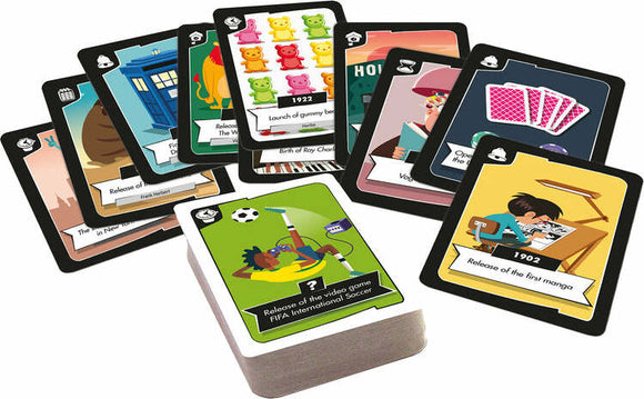 Timeline Twist Pop Culture game by Zygomatic featuring a colorful stack of cards depicting iconic pop culture events, including the release of FIFA International Soccer and the first manga. The game encourages players to connect significant moments in pop culture history.