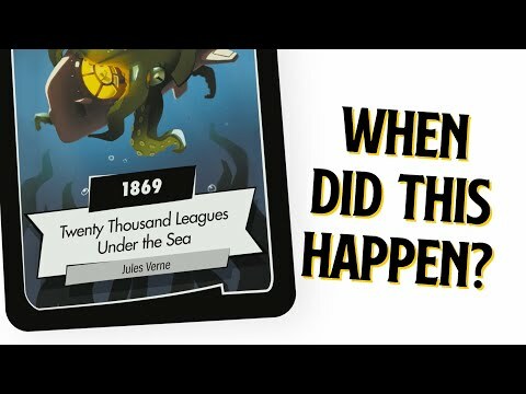 Timeline Twist Pop Culture game by Zygomatic features engaging question cards, such as 'When did this happen?' with historical events and literary references, including 'Twenty Thousand Leagues Under the Sea' by Jules Verne, and its publication year 1869.