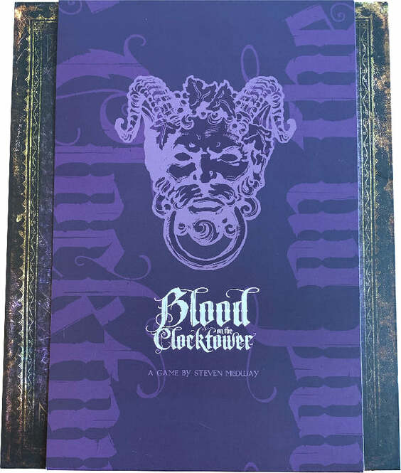 Cover of the game 'Blood on the Clocktower' by Pandemonium Institute. The cover features a mysterious, purple design with a face of a creature and intricate patterns. The title is prominently displayed in stylized white font, creating an intriguing and gothic aesthetic.