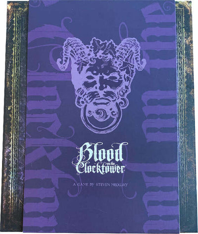 Cover of the game 'Blood on the Clocktower' by Pandemonium Institute. The cover features a mysterious, purple design with a face of a creature and intricate patterns. The title is prominently displayed in stylized white font, creating an intriguing and gothic aesthetic.