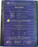 The back cover of the game 'Blood on the Clocktower' by Pandemonium Institute. The design features a dark purple background with ornate gold patterns and illustrations. It includes a description of the game, its mechanics, and the contents. Various highlighted sections detail player roles and game objectives, promoting social deduction and teamwork.