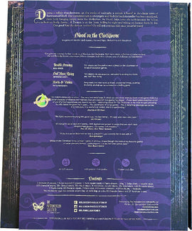 The back cover of the game 'Blood on the Clocktower' by Pandemonium Institute. The design features a dark purple background with ornate gold patterns and illustrations. It includes a description of the game, its mechanics, and the contents. Various highlighted sections detail player roles and game objectives, promoting social deduction and teamwork.
