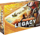 Box art of Pandemic Legacy: Season 2 by Z-Man Games. The cover features vivid illustrations of a ship navigating through a futuristic cityscape, with characters in protective gear, symbolizing a post-apocalyptic world. The title 'Pandemic Legacy' stands prominently against a dynamic background, hinting at cooperative gameplay and strategic challenges.