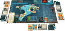 An overhead view of the board game Pandemic Legacy: Season 2, showcasing a detailed game board displaying a world map with various locations marked. The setup includes cards, objectives, and components for gameplay, emphasizing strategic planning and cooperative gameplay. The game elements are arranged around the central board, highlighting the engaging design and thematic visuals that invite players to immerse in a challenging pandemic scenario.