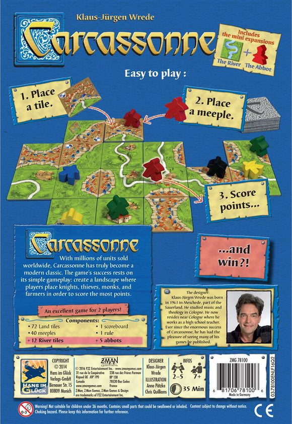 Carcassonne board game by Z-Man Games, featuring a vibrant design with tile placement mechanics. The back showcases gameplay instructions, components, and illustrations of the game elements, including meeples and a game board layout. This popular strategy game accommodates 2 to 5 players, emphasizing landscape creation and scoring tactics.