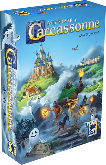 Box artwork for the game 'Mists Over Carcassonne' by Z-Man. The image features whimsical characters, including ghosts and adventurers, exploring a mystical landscape filled with castles and fog. The game's title is prominently displayed at the top, showcasing its enchanting theme and inviting players to uncover hidden treasures in Carcassonne.