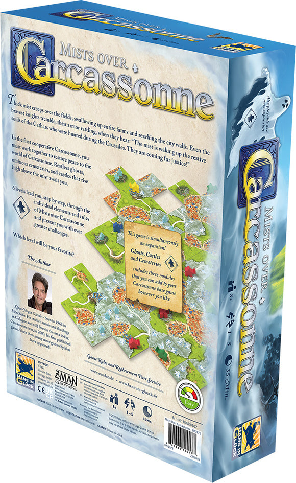 Mists Over Carcassonne board game by Z-Man. The game box features an intriguing design with sensitive mists creeping over vibrant fields, castles, and farms. It includes details about cooperative gameplay, with modules like Ghosts, Castles, and Cemeteries for added complexity. The design showcases colorful tiles representing the unique landscape of Carcassonne, inviting players to engage in a strategic journey.