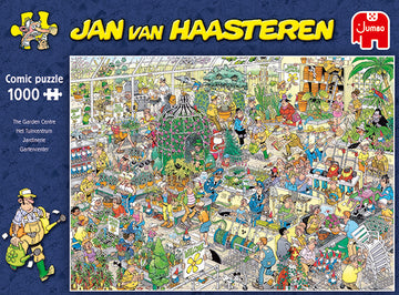 The Garden Center jigsaw puzzle by Jumbo features a vibrant comic scene filled with colorful plants, flowers, and playful characters engaging in gardening activities. This 1000-piece puzzle captures the bustling atmosphere of a garden center, showcasing a variety of gardening tools, cheerful shoppers, and lush greenery, perfect for puzzle enthusiasts and nature lovers alike.