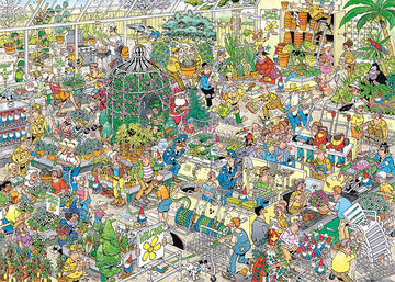 The Garden Center jigsaw puzzle by Jumbo features a vibrant and bustling greenhouse scene filled with colorful plants, customers shopping for flowers, gnomes, and staff assisting gardeners. The intricate illustration depicts various activities taking place in the garden center, showcasing numerous characters and details that invite players to explore and engage.