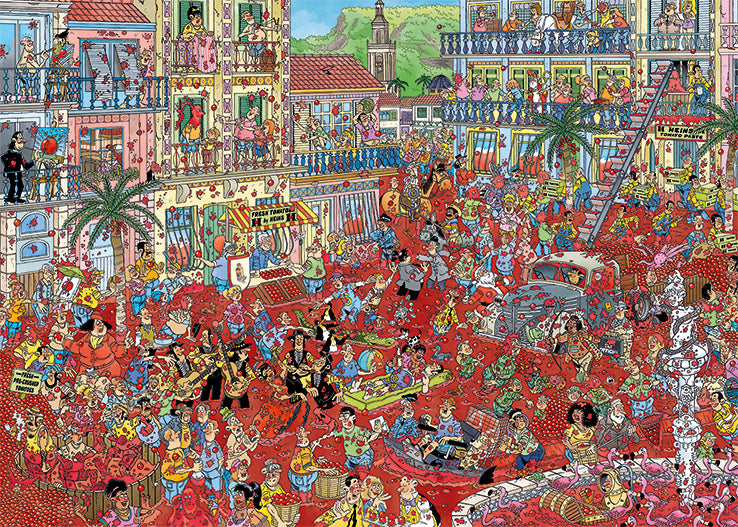 A vibrant and chaotic jigsaw puzzle depicting La Tomatina festival in a Spanish town. The scene is filled with colorful characters participating in the tomato-throwing event, with buildings, palm trees, and a lively crowd. Details include people in costumes, a vintage car, and food stands under a sunny sky.