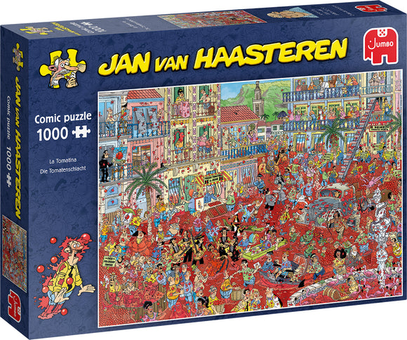 La Tomatina jigsaw puzzle by Jumbo featuring a vibrant, chaotic scene of a tomato-throwing festival. The puzzle box shows people celebrating, enjoying the festivities, with colorful buildings and various characters illustrated in a humorous style.