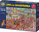 La Tomatina jigsaw puzzle by Jumbo featuring a vibrant and humorous comic scene depicting a tomato fight festival with detailed characters and lively colors. This 1000-piece puzzle offers a fun challenge for puzzle enthusiasts and fans of whimsical artwork.