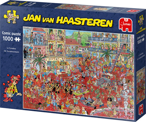 La Tomatina jigsaw puzzle by Jumbo featuring a vibrant and humorous comic scene depicting a tomato fight festival with detailed characters and lively colors. This 1000-piece puzzle offers a fun challenge for puzzle enthusiasts and fans of whimsical artwork.