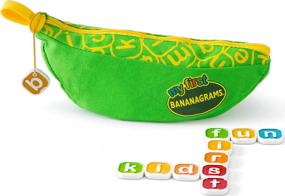 A vibrant green banana-shaped pouch labeled 'My First Bananagrams' containing colorful letter tiles. The tiles are arranged to spell out 'kids fun first'.