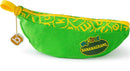 A colorful green banana-shaped pouch labeled 'My First Bananagrams' designed for young children. It features a bright yellow zipper and playful letter graphics on the fabric, making it an engaging educational game for early learners.