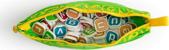 A vibrant green bag filled with colorful letter tiles from the game 'My First Bananagrams'. The bag is unzipped and the tiles, displaying different letters in various colors, are visible inside. The design is perfect for young children learning words and enhancing their vocabulary through play.