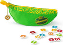 A vibrant green pouch labeled 'My First Bananagrams' filled with colorful letter tiles. The pouch features a yellow zipper and has various letter tiles scattered around it, perfect for young children to engage in fun word games.
